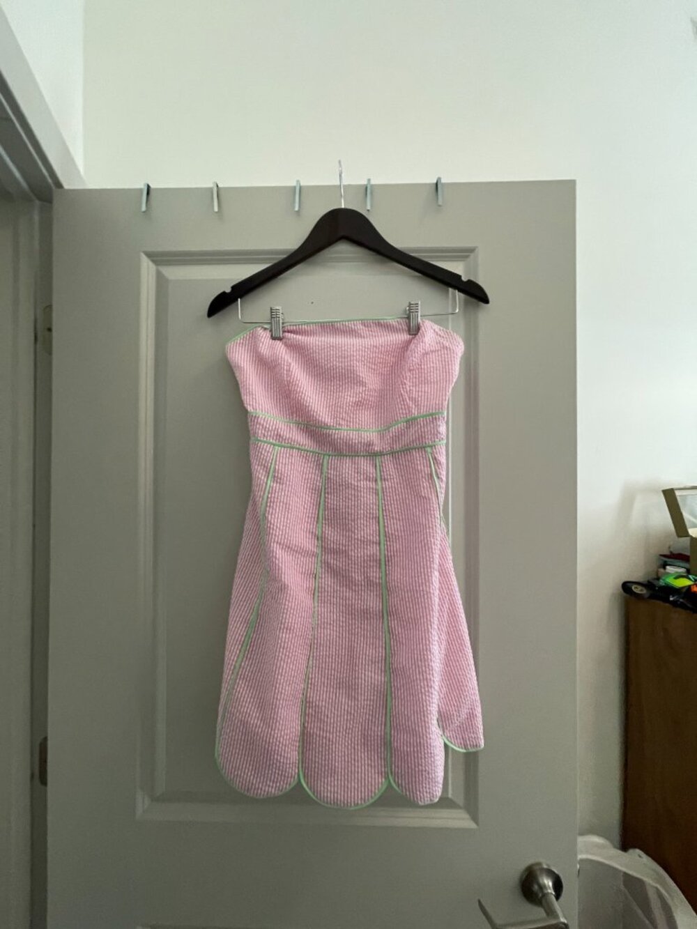 Strapless Pink Seersucker Scalloped Mini Dress - Picture 4 of 10